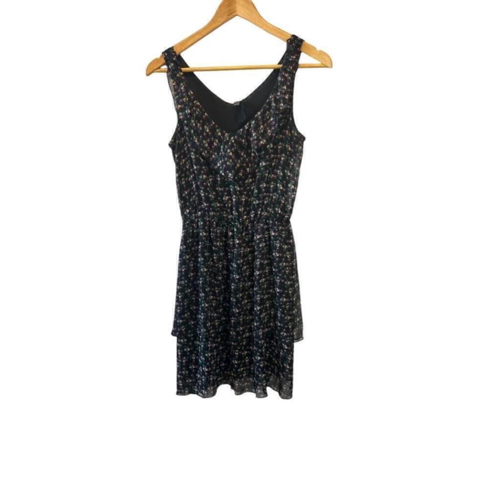 Black Floral Ditsy Print Ruffle V Neck Flowy Short Dress S